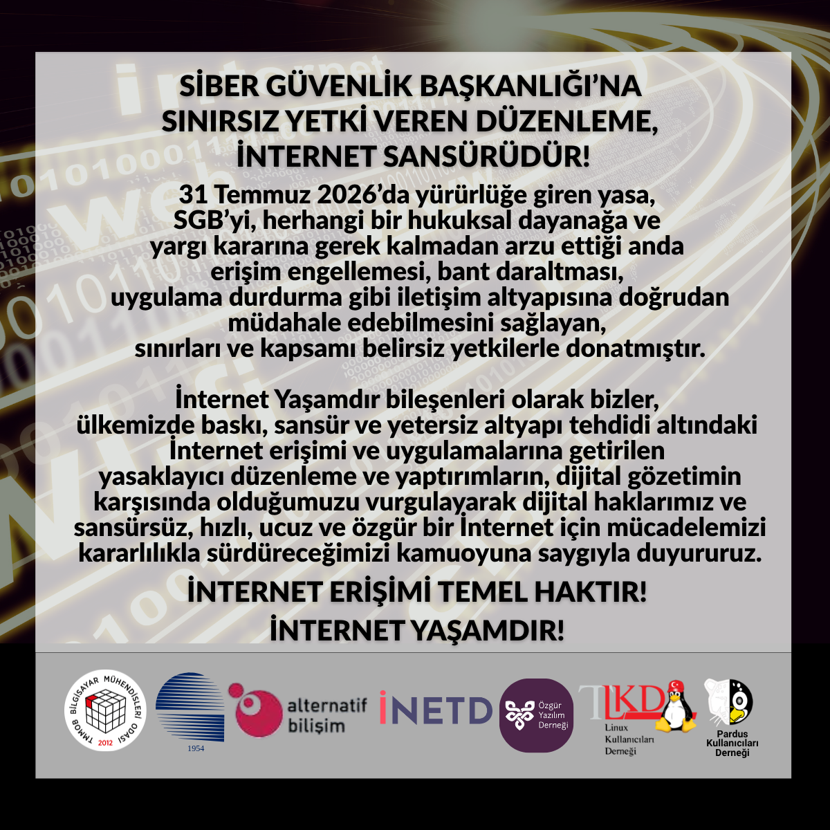 Siber Güvenlik Başkanlığı’na Sınırsız Yetki Veren Düzenleme, İnternet Sansürüdür! - TMMOB Bilgisayar Mühendisleri Odası